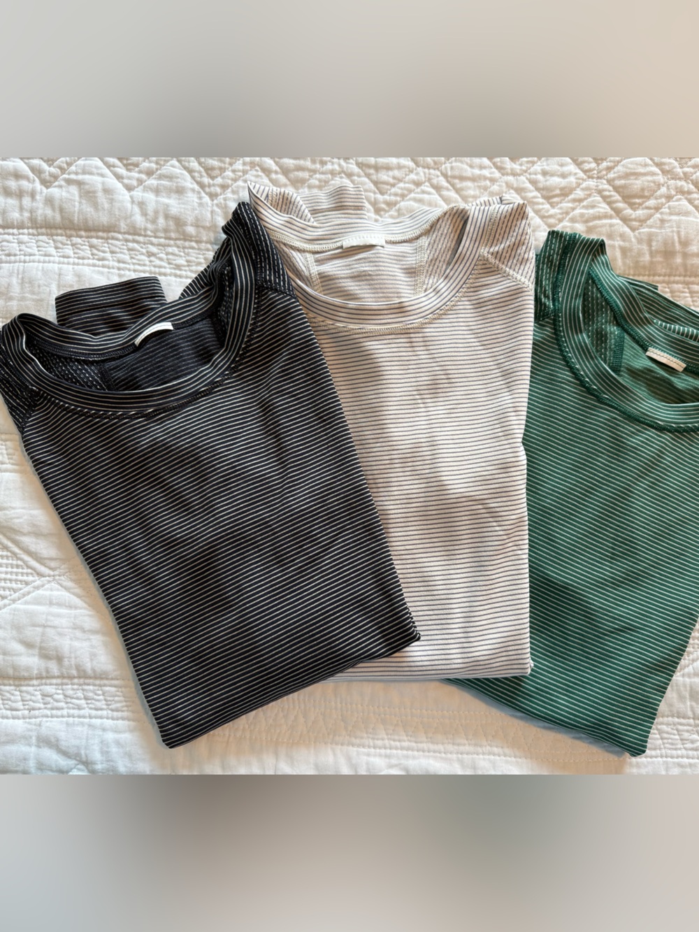 3 Athleta Long-Sleeve Striped Crewneck Tops in Green, White, Black; never worn